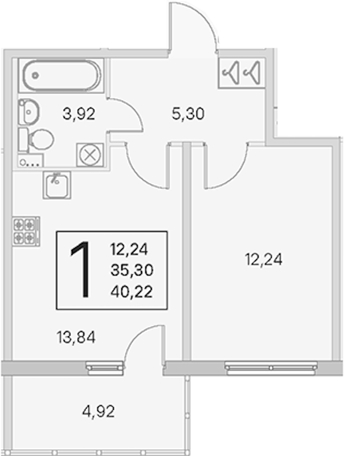 1-комнатная квартира 35.3 м², 1/4 эт., ЖК «Любоград в Стрельне»
